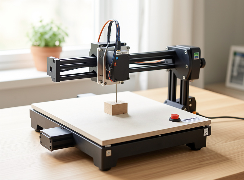 A Shapeoko-style desktop CNC with a probing block and BitSetter on the bed