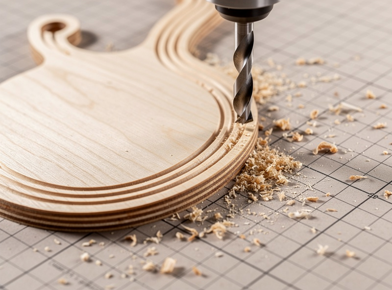 A thin plywood inlay part held flat to a CNC spoilboard with the tape and CA glue method while being profiled