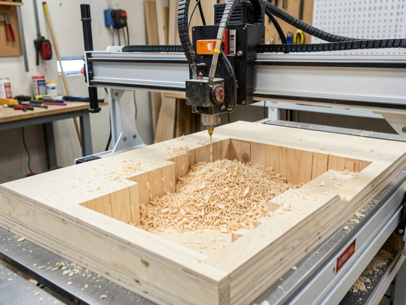 CNC roughing toolpath clearing a deep pocket in plywood