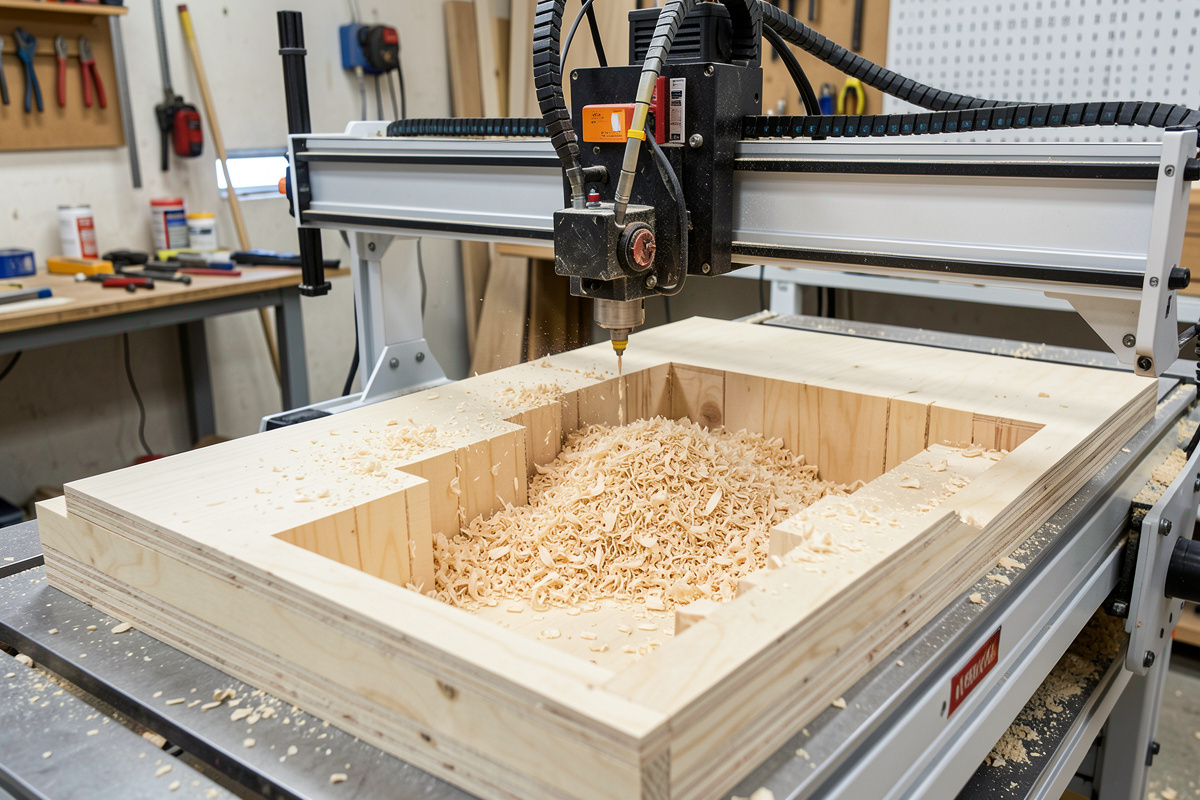 CNC roughing toolpath clearing a deep pocket in plywood