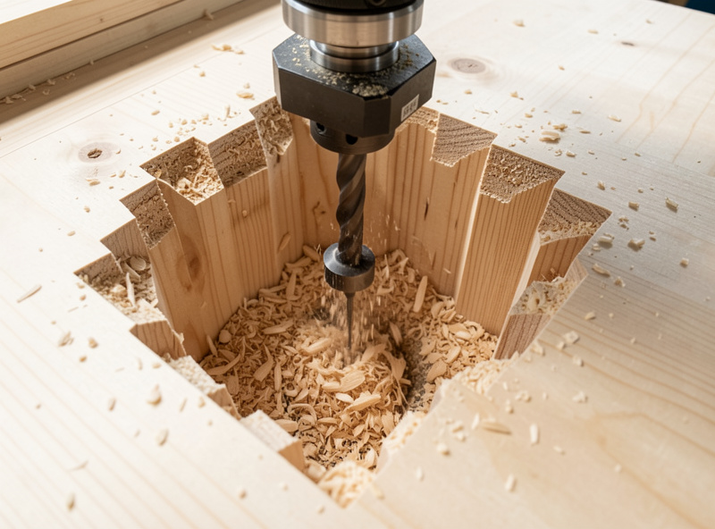 Roughing toolpath clearing a deep pocket in plywood leaving rough stepped walls