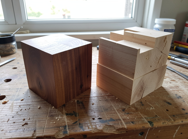 A finished square-edged machined part beside a roughed blank with stepped walls on a workbench