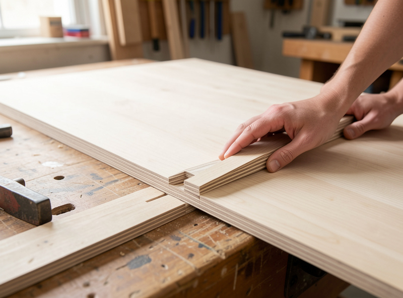 Two tongue-and-groove boards being slid together into a flat wide panel on a workshop bench