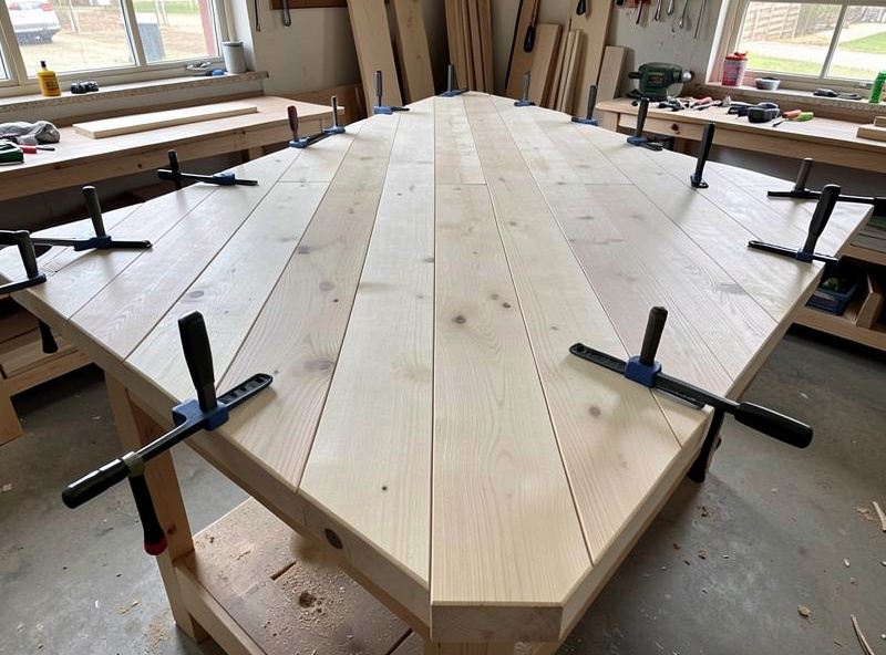 A wide tabletop panel assembled from several tongue-and-groove boards clamped flat