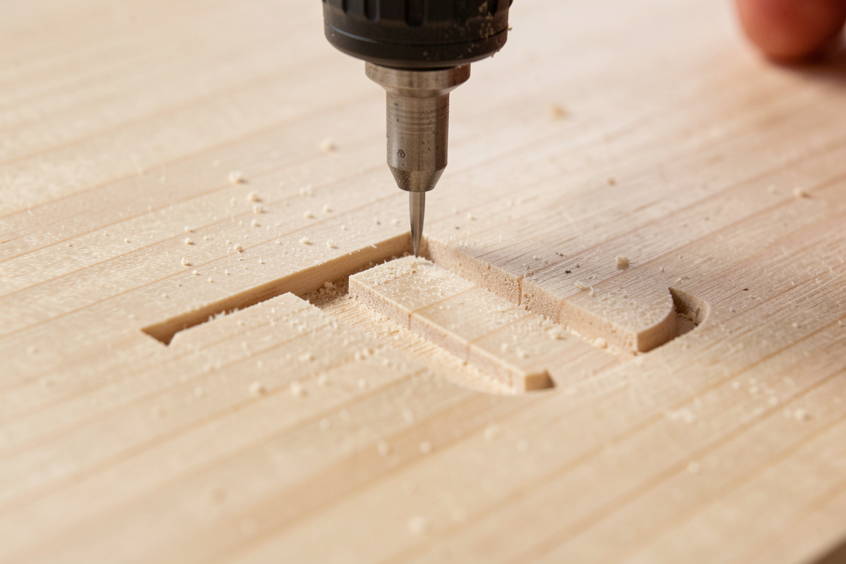 V-bit carving a sharp serif corner into a maple sign blank