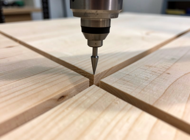 A V-bit V-carving the sharp inside corner of a letter into a maple sign blank with crisp groove walls