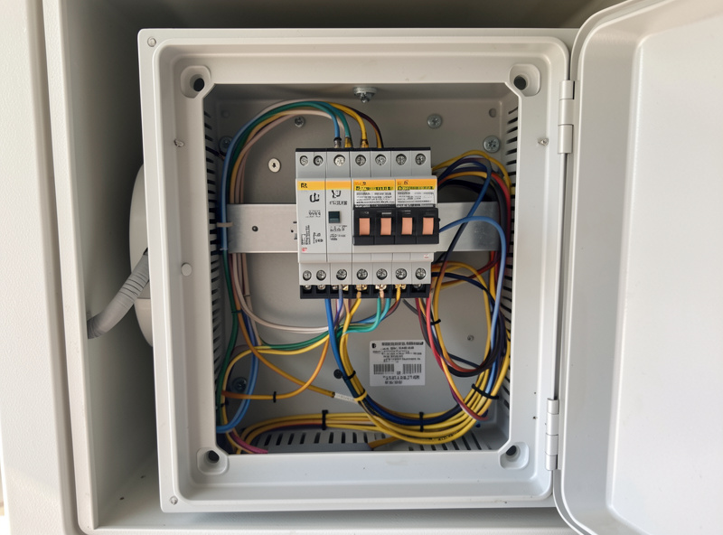 VFD drive unit mounted in an enclosure with wiring terminals exposed