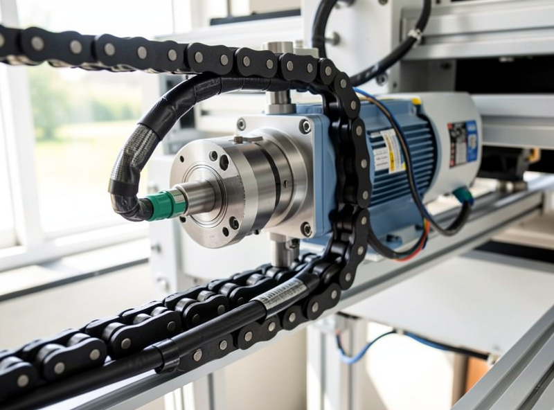 CNC spindle wired to a VFD with shielded motor cable routed through a drag chain
