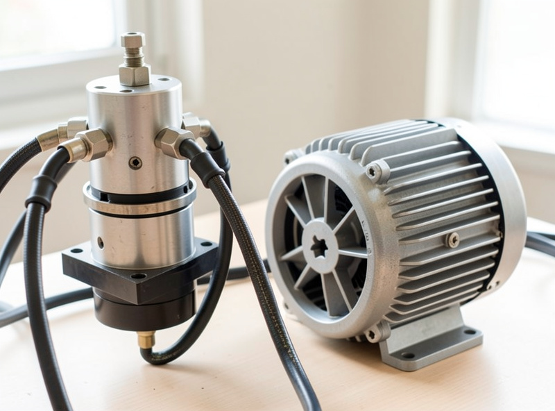Water-cooled CNC spindle with coolant hoses next to an air-cooled spindle with tail fan